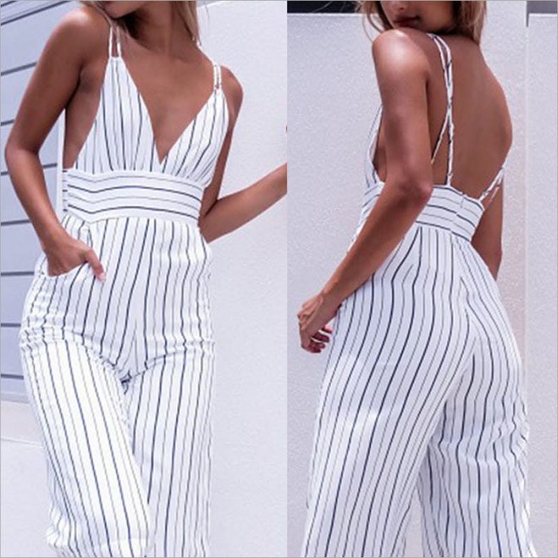 Striped V-Neck Sleeveless Jumpsuit