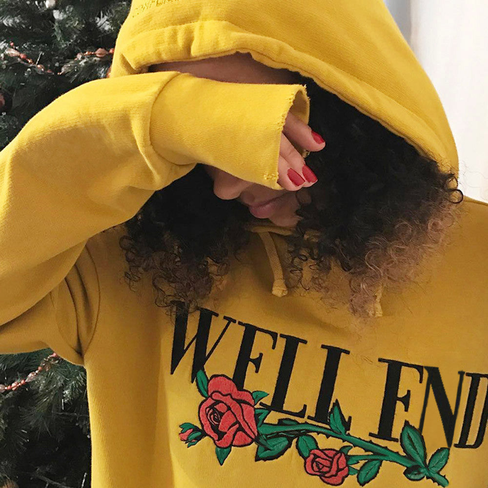 Yellow Flower Letter Print Hooded sweatshirt