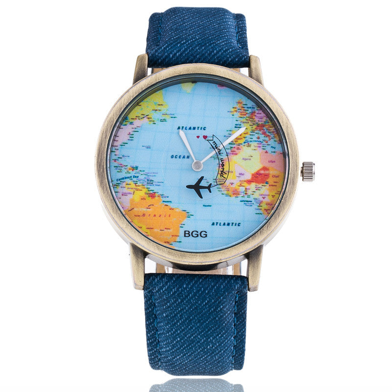 Map Denim Fabric Band watch
