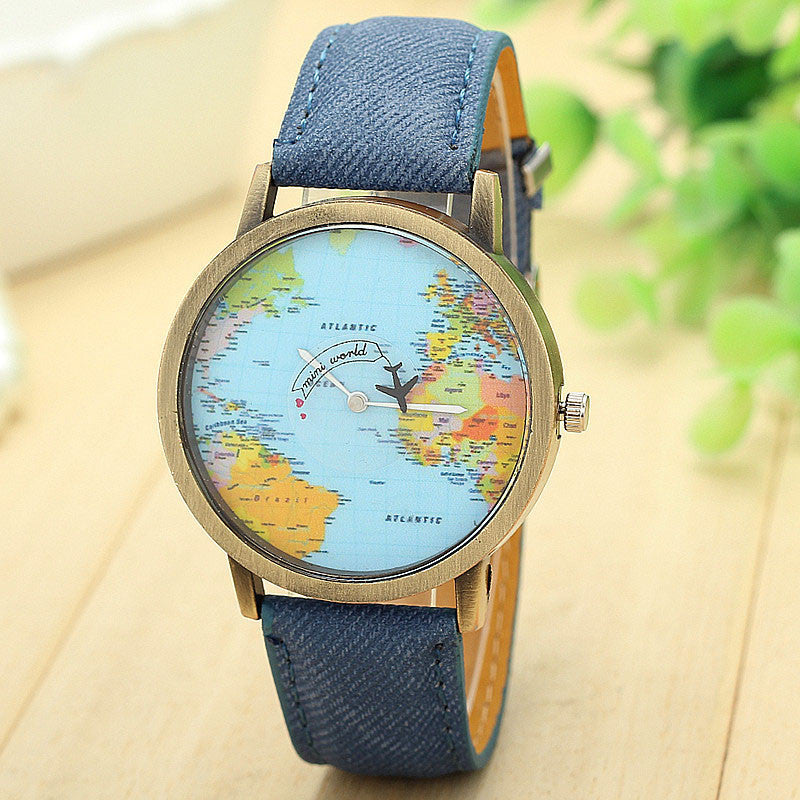 Map Denim Fabric Band watch