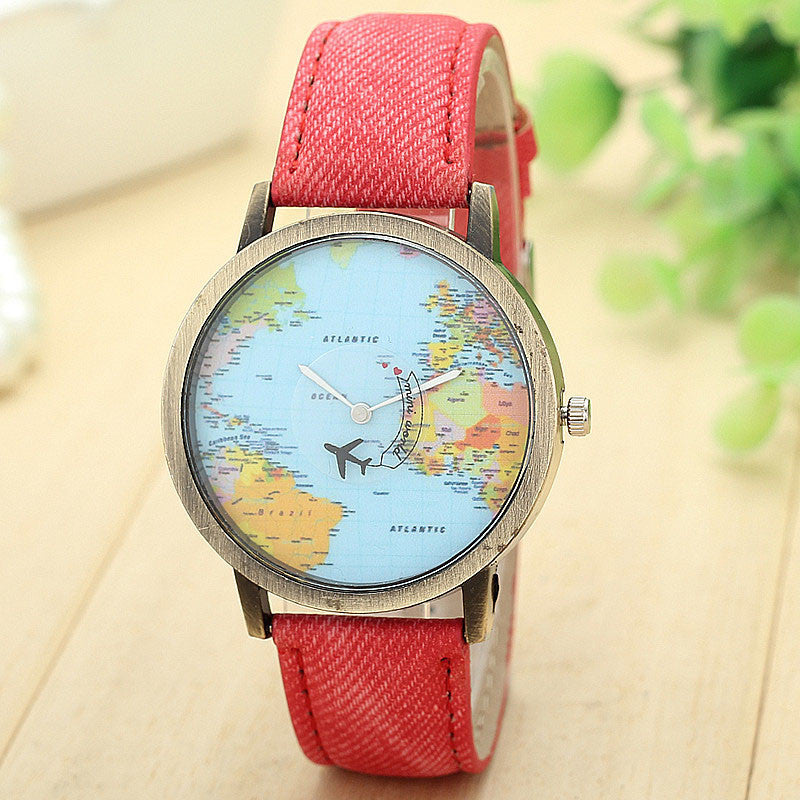 Map Denim Fabric Band watch