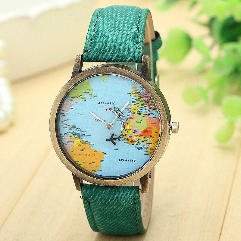 Map Denim Fabric Band watch