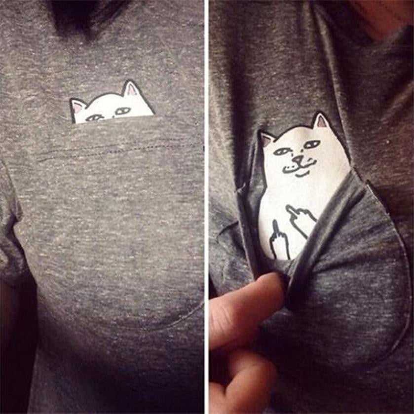 Cat Middle Finger Pocket Print T-shirt