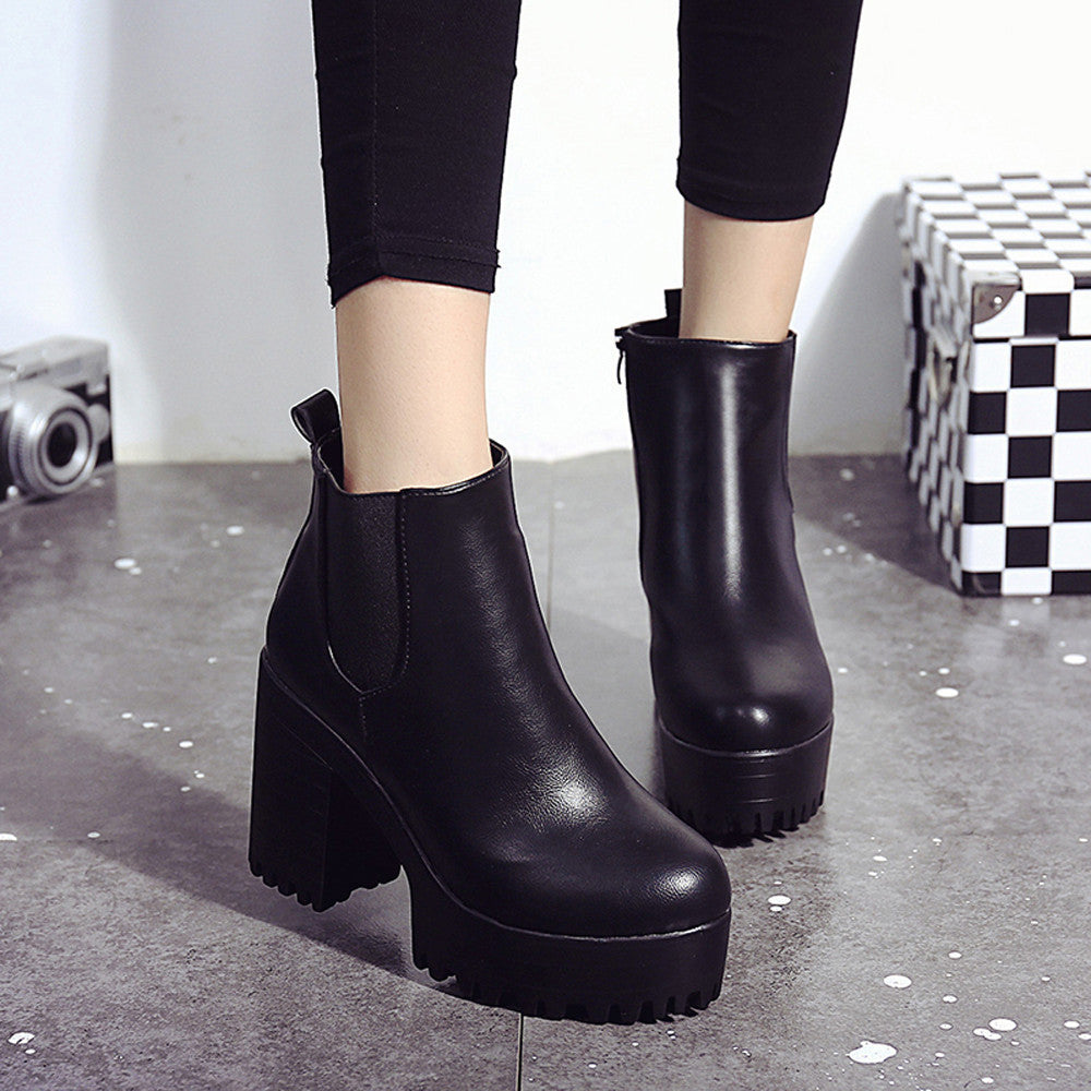 Square Heel Platforms Leather Boots