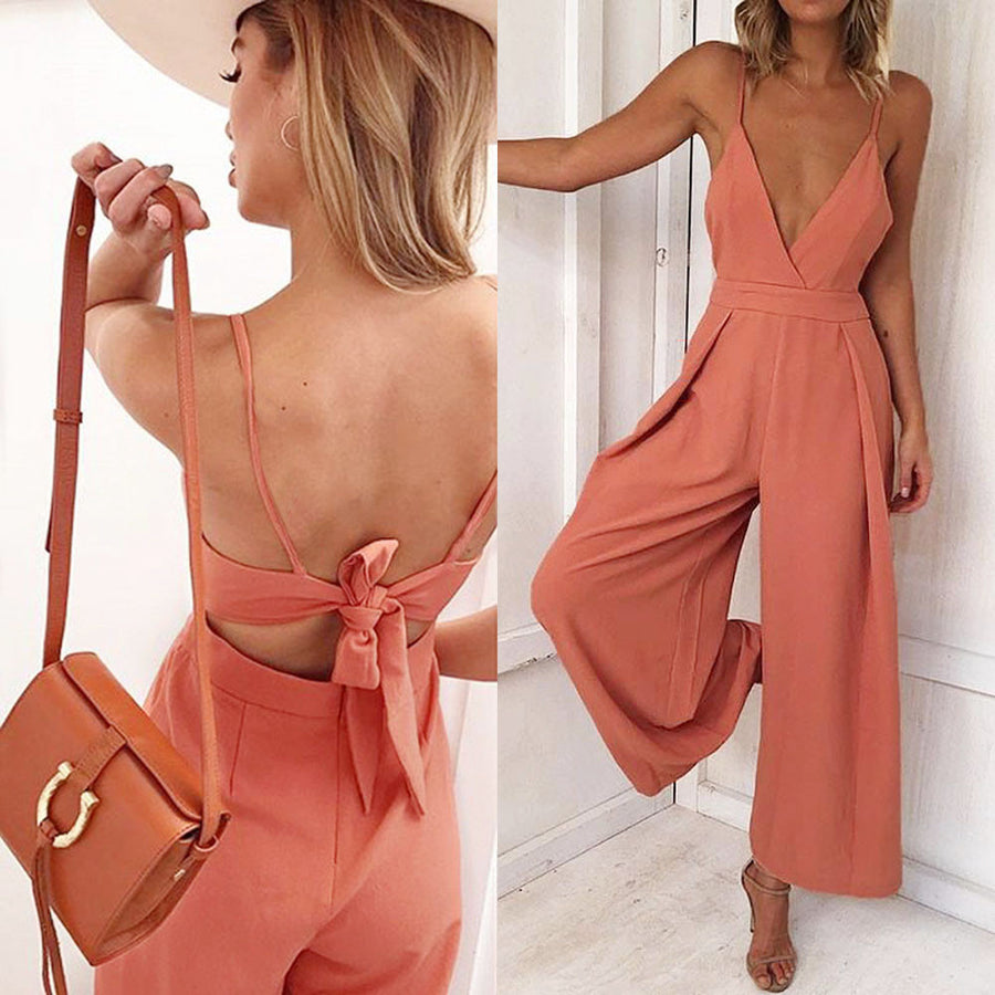 Causal V Neck Back Bow Jumpsuit