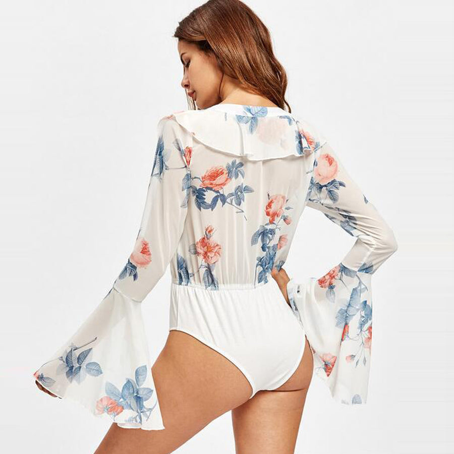 Casual Long Flare Sleeve Printed Bodysuit