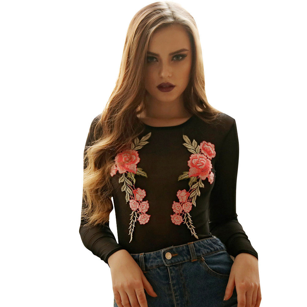 Embroidered Floral Sheer Mesh Bodysuit