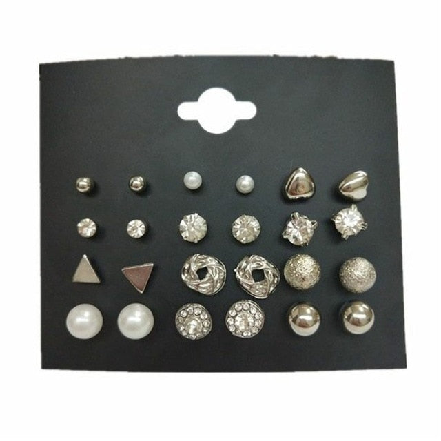 12 pair/set Square Crystal Heart Stud Earrings