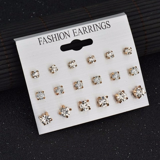 12 pair/set Square Crystal Heart Stud Earrings