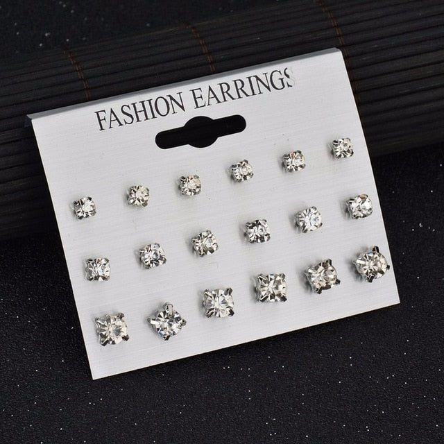 12 pair/set Square Crystal Heart Stud Earrings