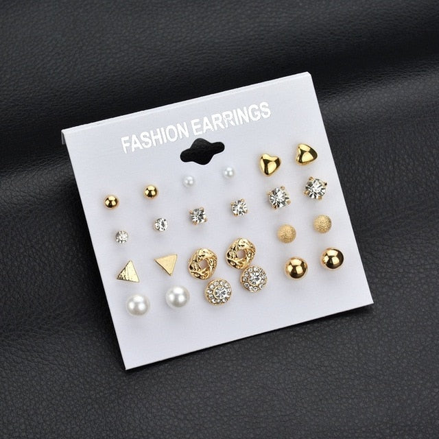 12 pair/set Square Crystal Heart Stud Earrings