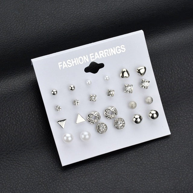 12 pair/set Square Crystal Heart Stud Earrings