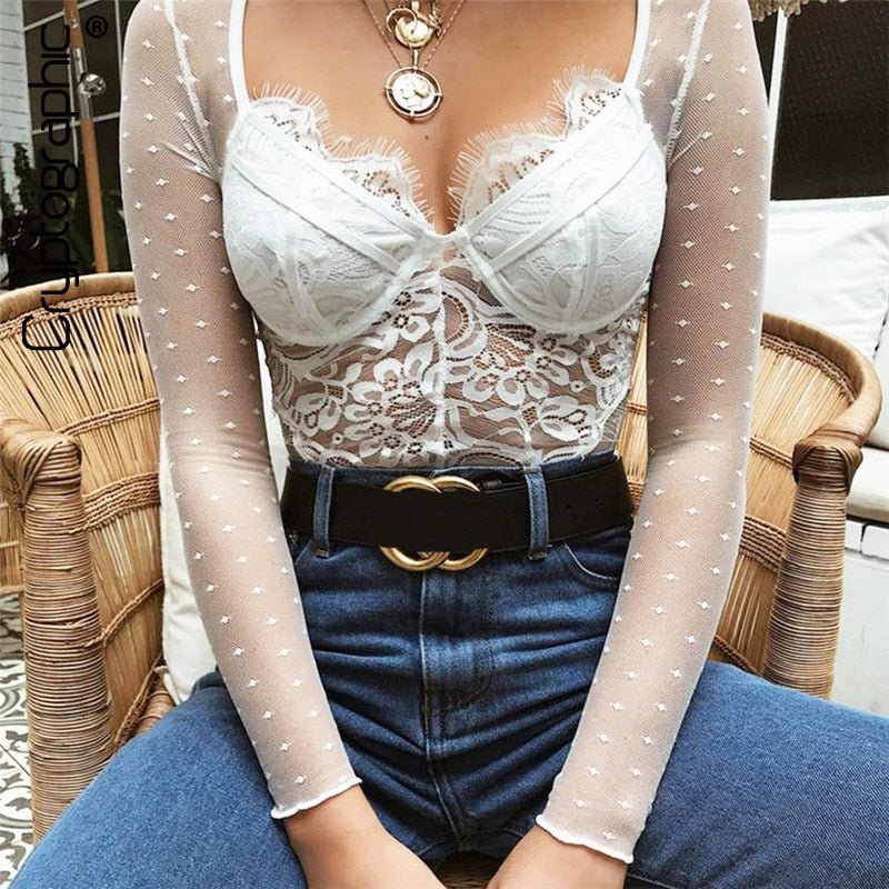 Transparent mesh lace bodysuit