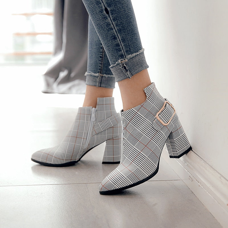 Plaid Pointed Toe High Heeled Ankle Boots