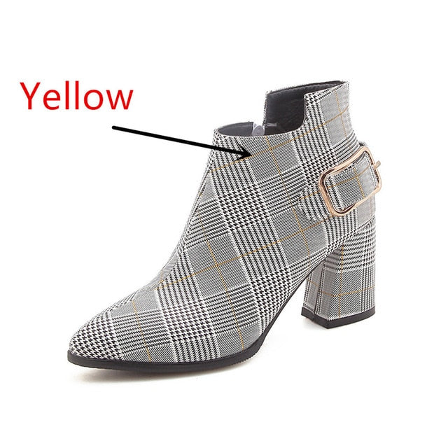 Plaid Pointed Toe High Heeled Ankle Boots
