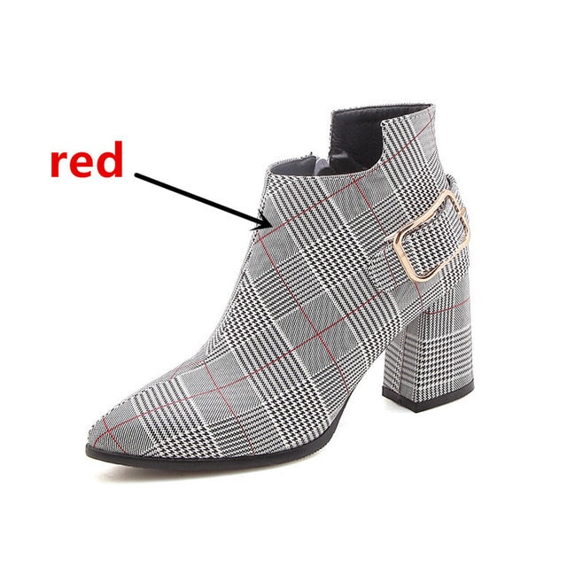 Plaid Pointed Toe High Heeled Ankle Boots