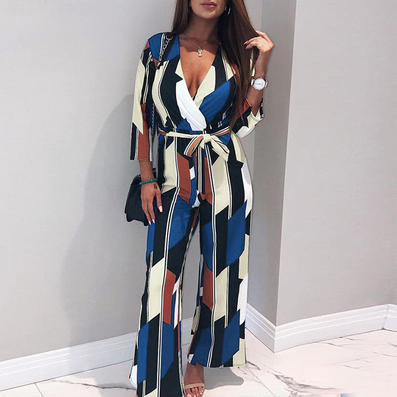 Geometric print striped jumpsuit