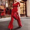 off shoulder ruffle belt jumpsuit
