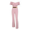 off shoulder ruffle belt jumpsuit