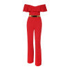 off shoulder ruffle belt jumpsuit