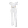 off shoulder ruffle belt jumpsuit