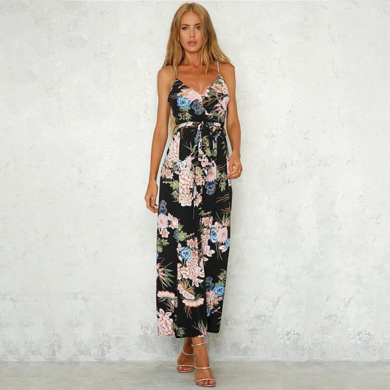 Strappy Floral Leg Split Jumpsuit