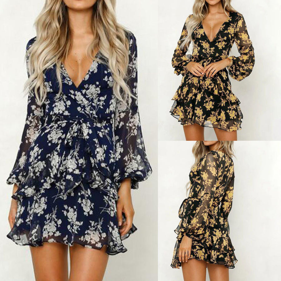 Floral Leaf Printed Long Sleeve Dress