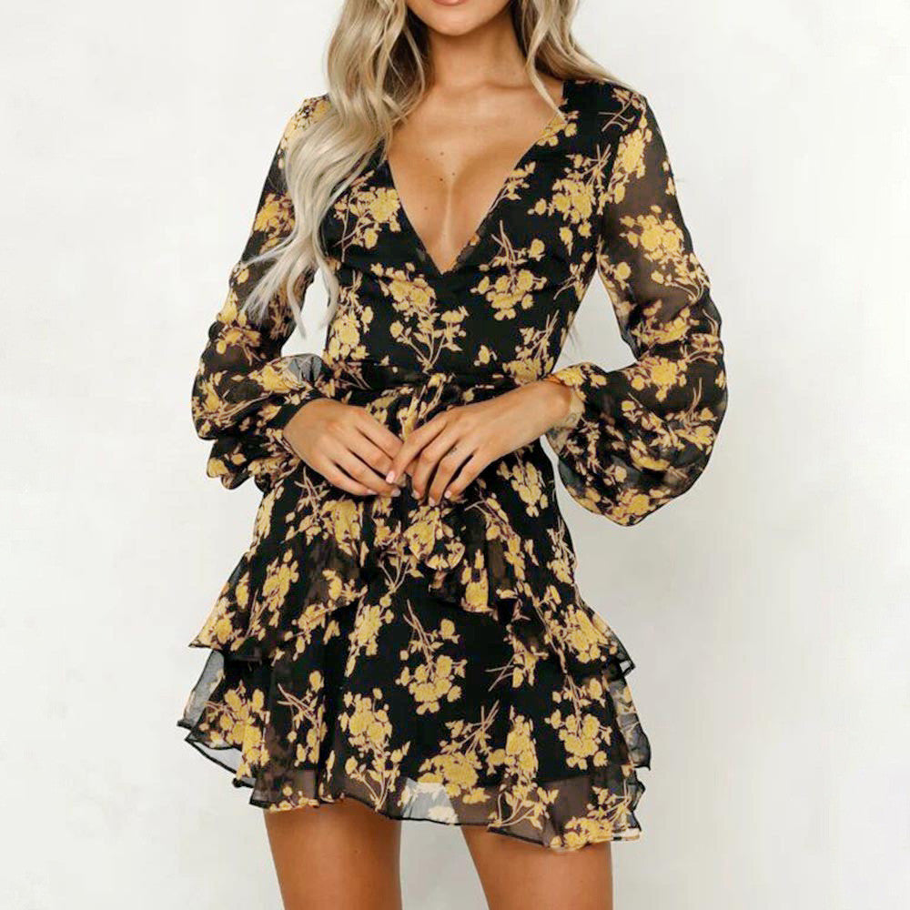 Floral Leaf Printed Long Sleeve Dress