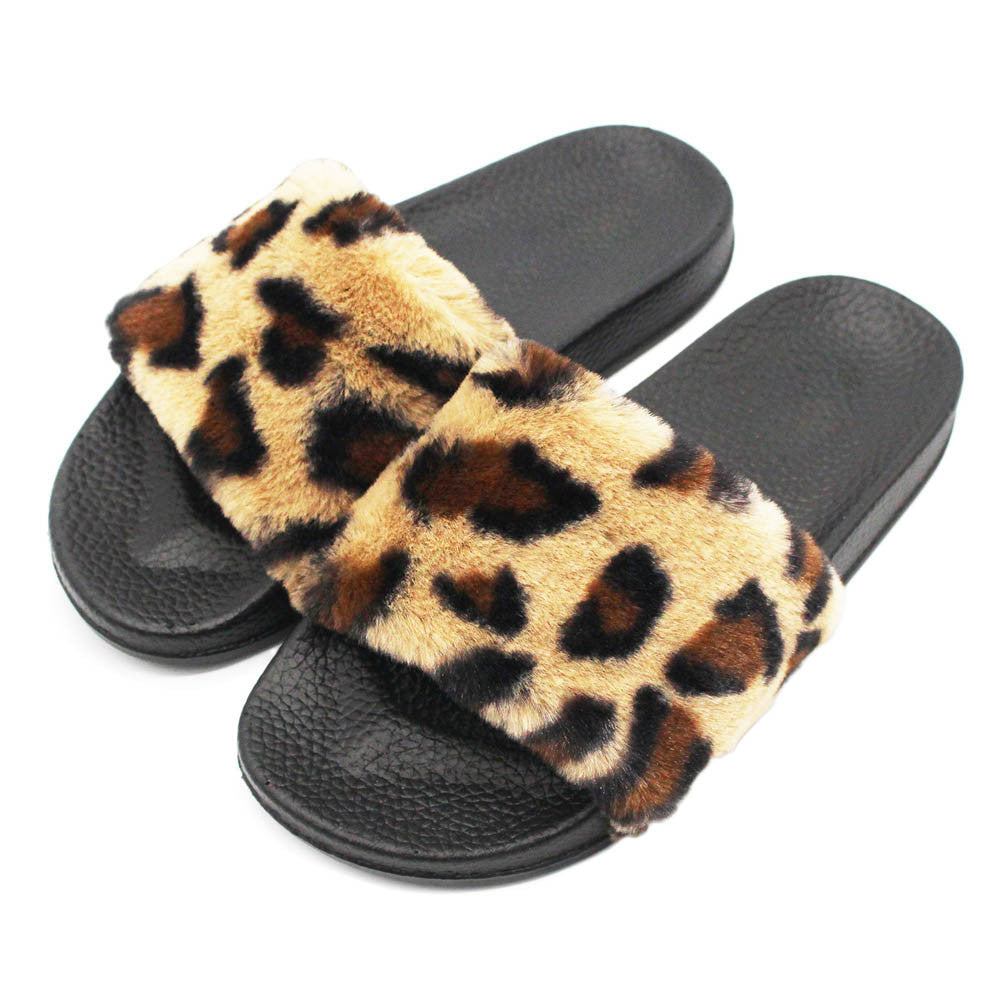 Leopard Fluffy Faux Fur Flat Slipper Sandals