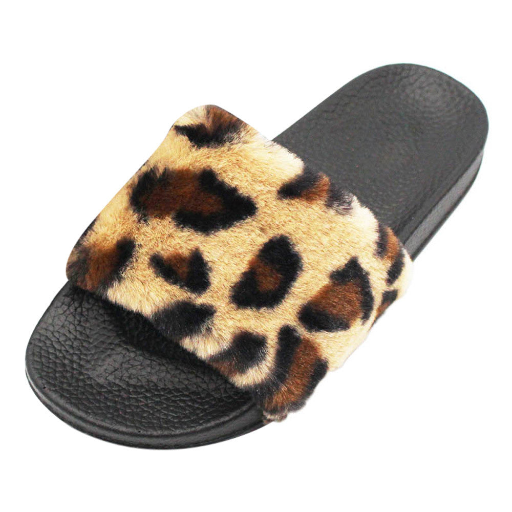 Leopard Fluffy Faux Fur Flat Slipper Sandals