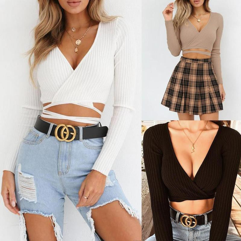 Cross V Neck Slim Crop Top