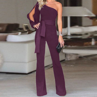 Red one shoulder split sleeve jumpsuit