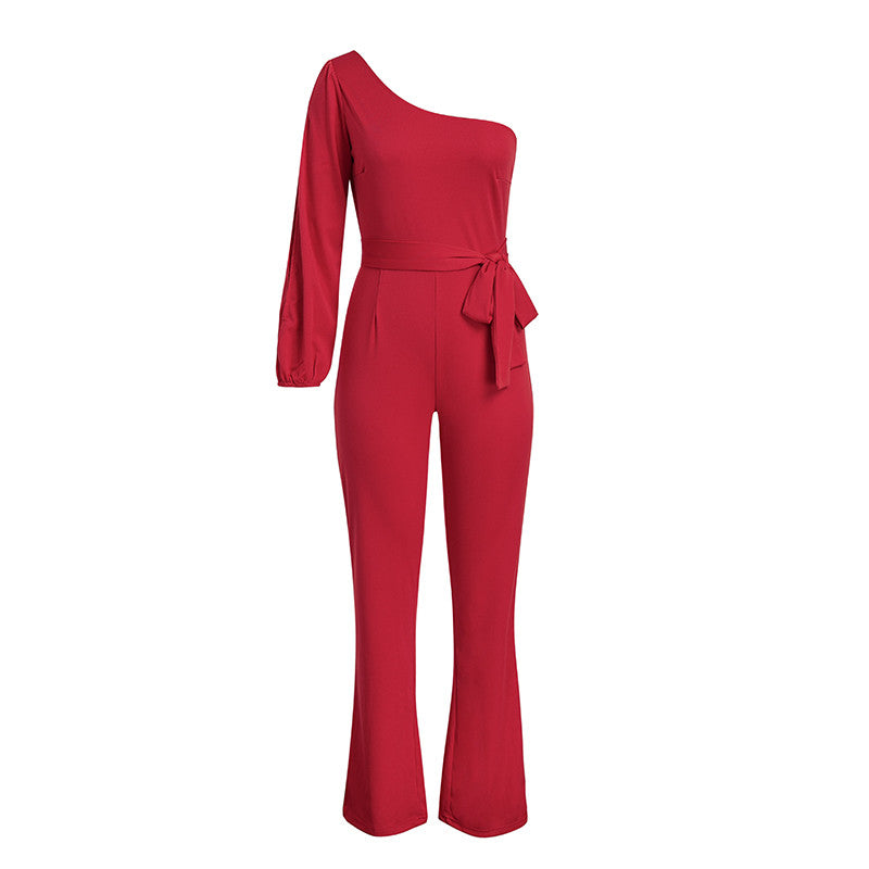 Red one shoulder split sleeve jumpsuit