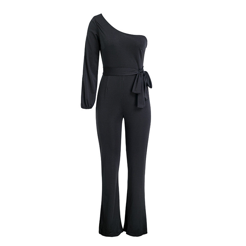 Red one shoulder split sleeve jumpsuit