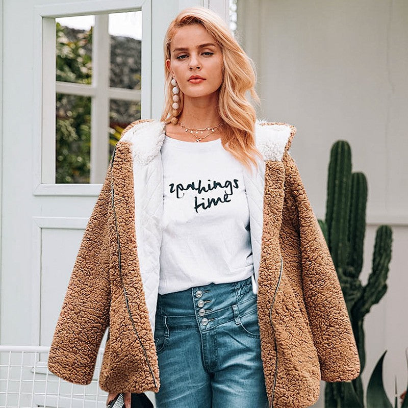 Hooded faux fur coat