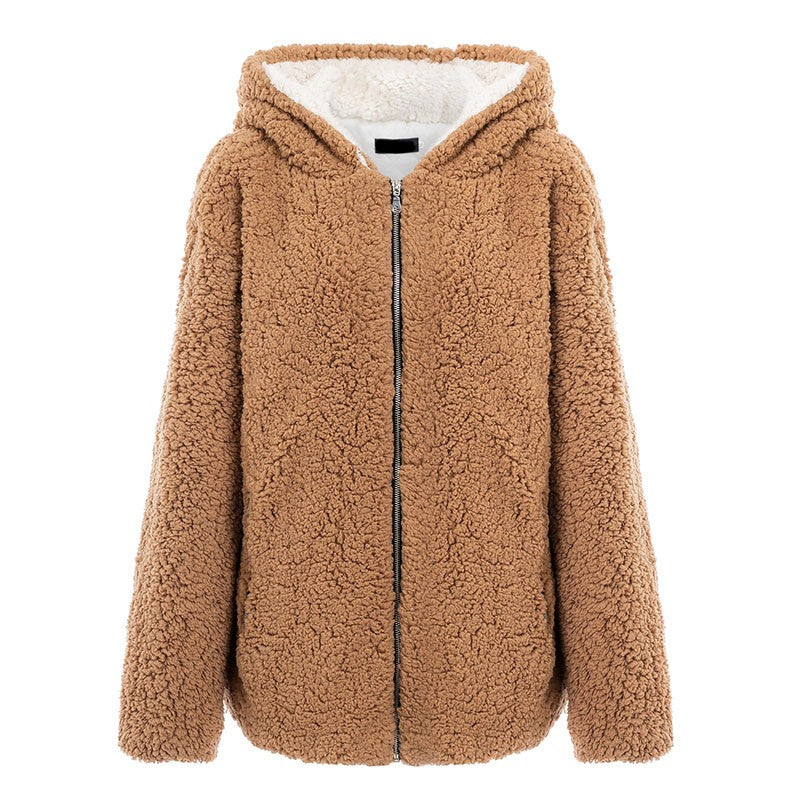 Hooded faux fur coat