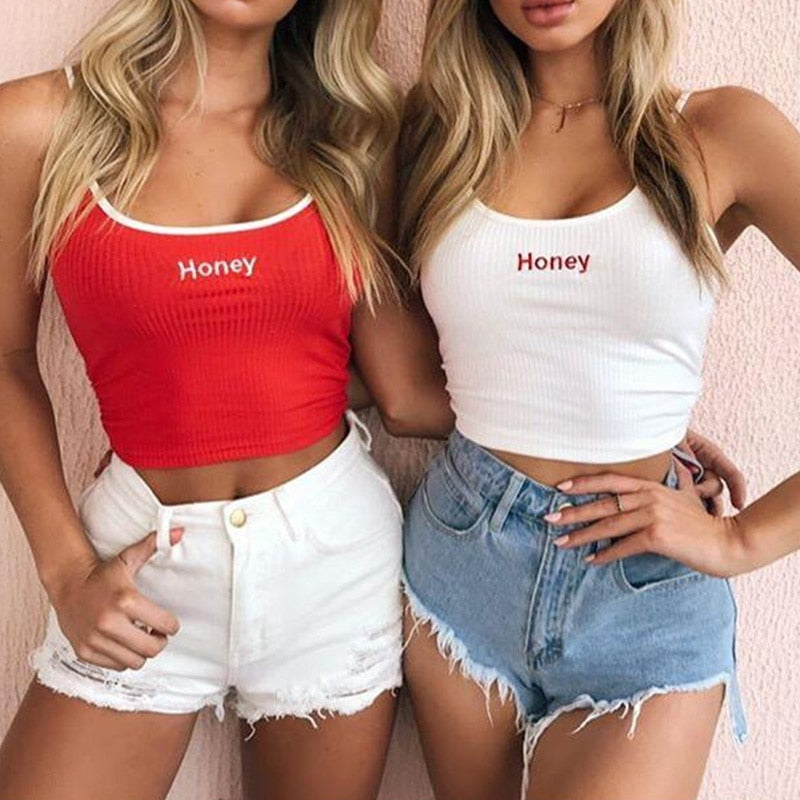 Honey Letter Embroidery Tank Tops