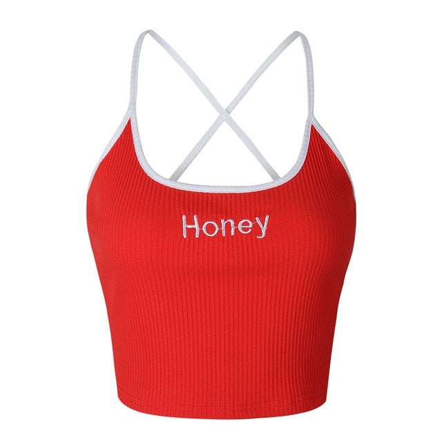 Honey Letter Embroidery Tank Tops