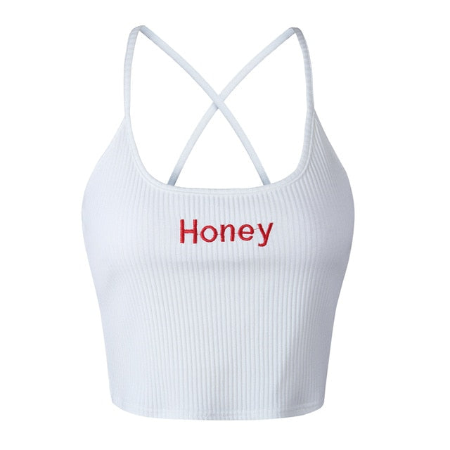 Honey Letter Embroidery Tank Tops