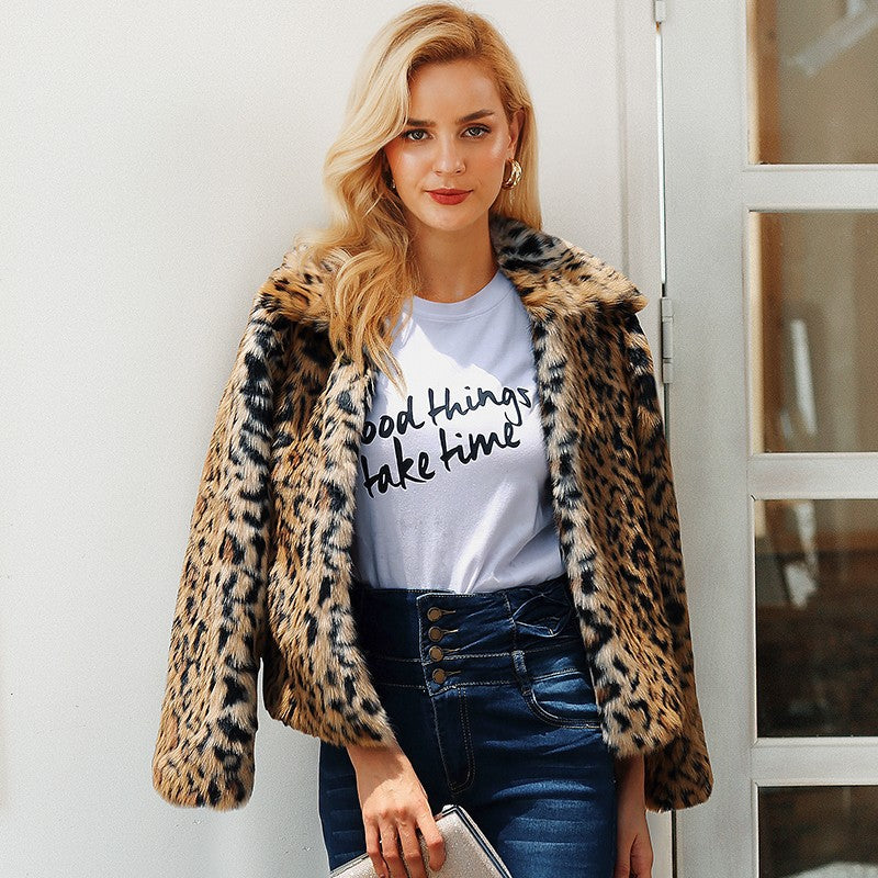Leopard fluffy faux fur coat