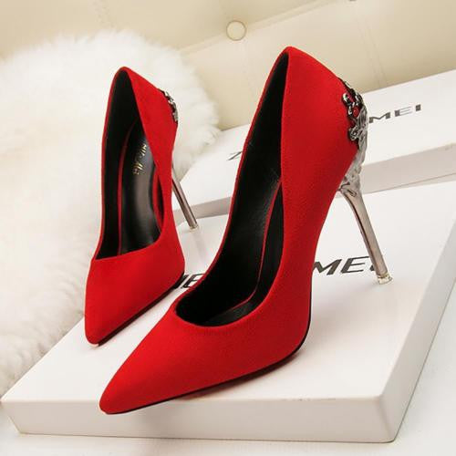 metal hollowed out suede high heeled shoes