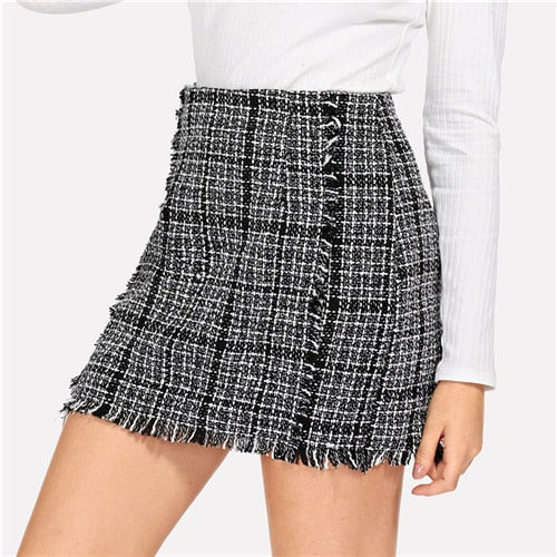 Frayed Edge Trim Plaid Tweed mini Skirt