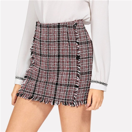 Frayed Edge Trim Plaid Tweed mini Skirt