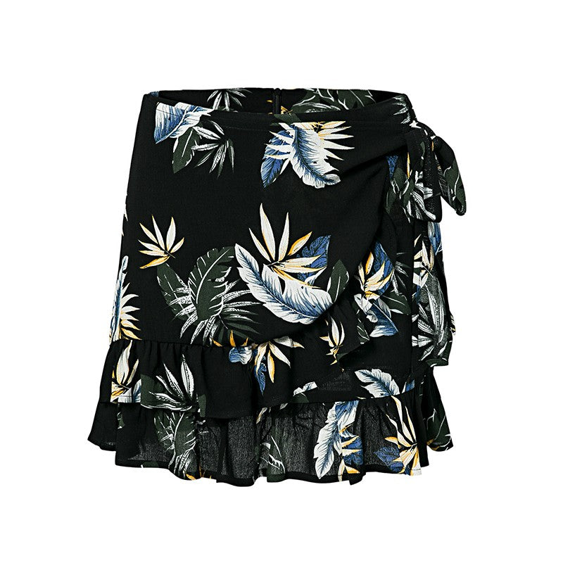 Black floral print ruffle skirt
