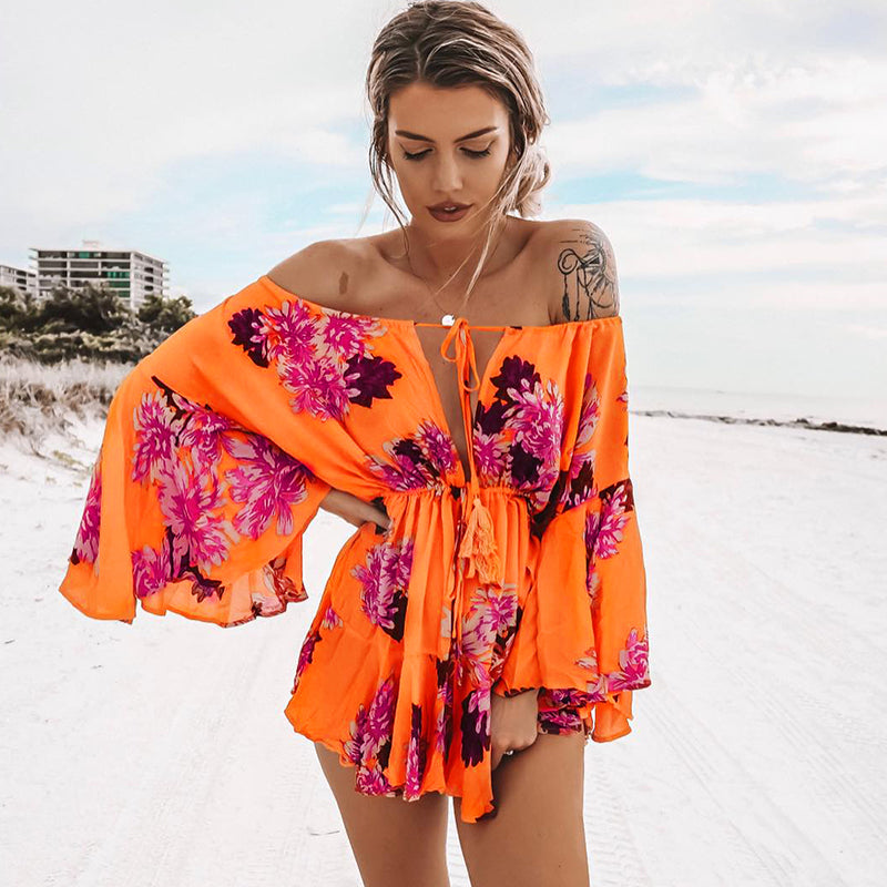 Orange Off Shoulder Flare Sleeve Jumpsuit