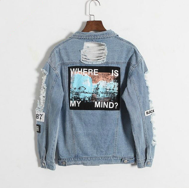 retro frayed letter patch denim jacket