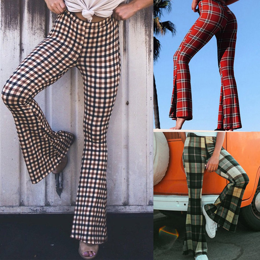 Flare Plaid Printing Casual Pants