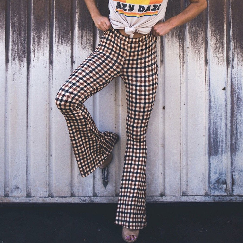 Flare Plaid Printing Casual Pants
