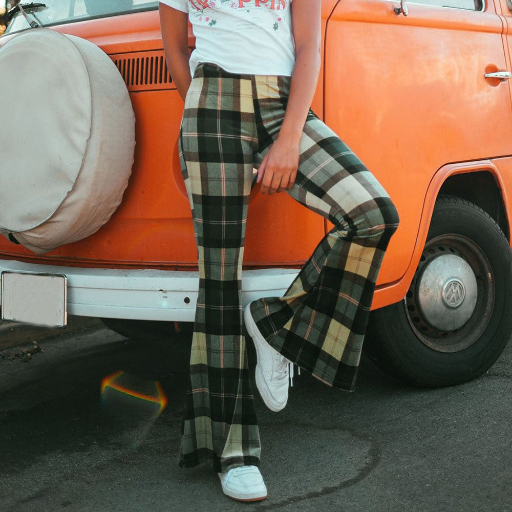 Flare Plaid Printing Casual Pants